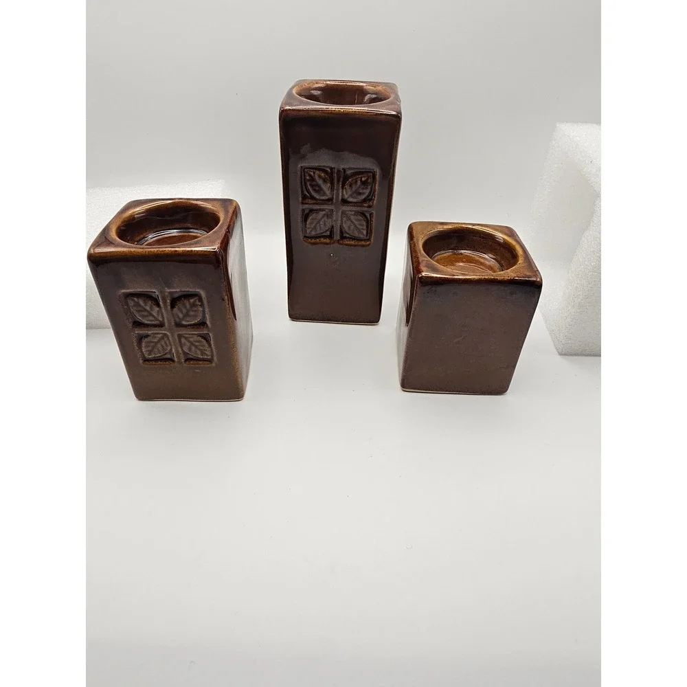 Vintage Brown Ceramic Candle Holder Set 3 Pillars and Tray Embossed Leaf Design
